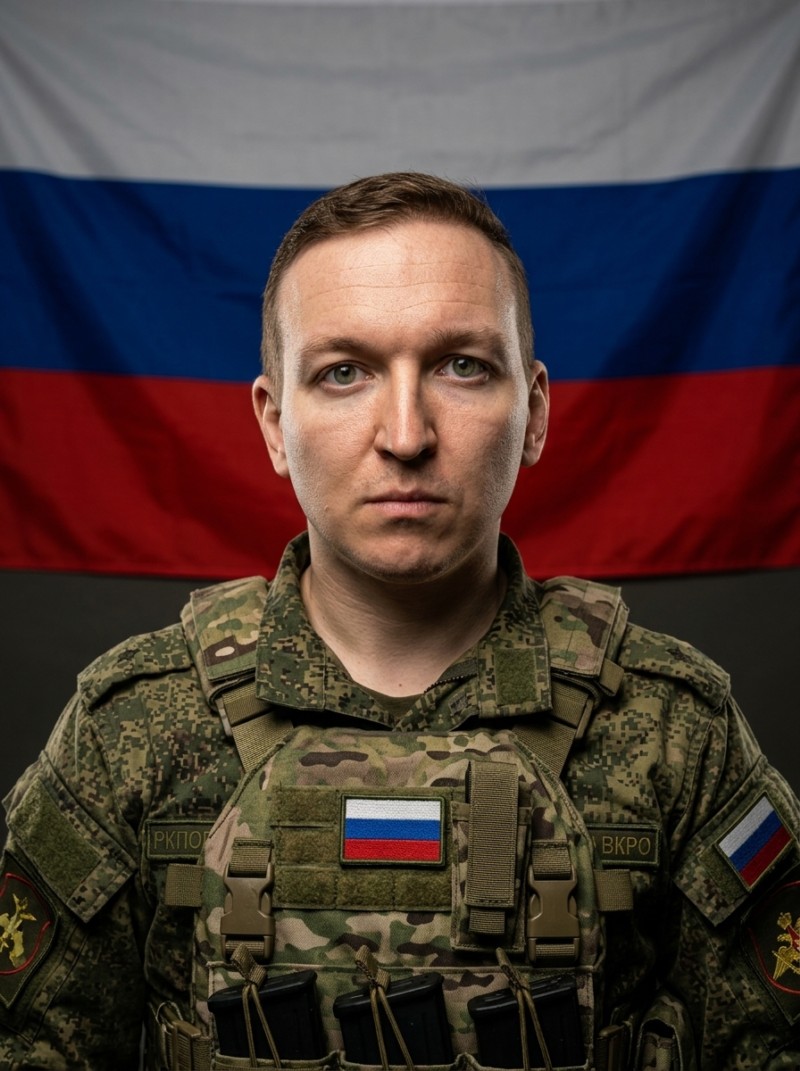 Военный с флагом России в студийном портрете