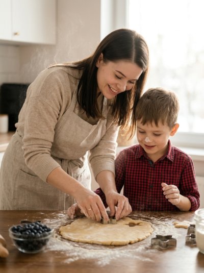 Мама и сын на кухне: утро и печенье