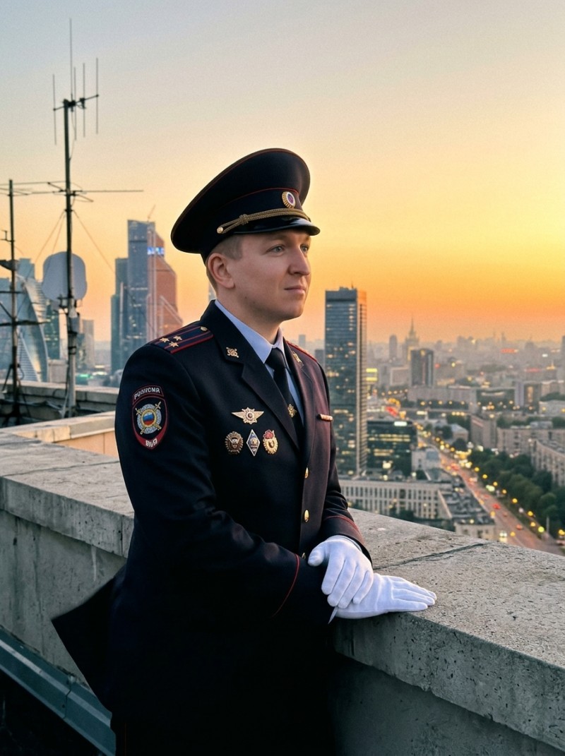 Полицейский на крыше в закатном свете