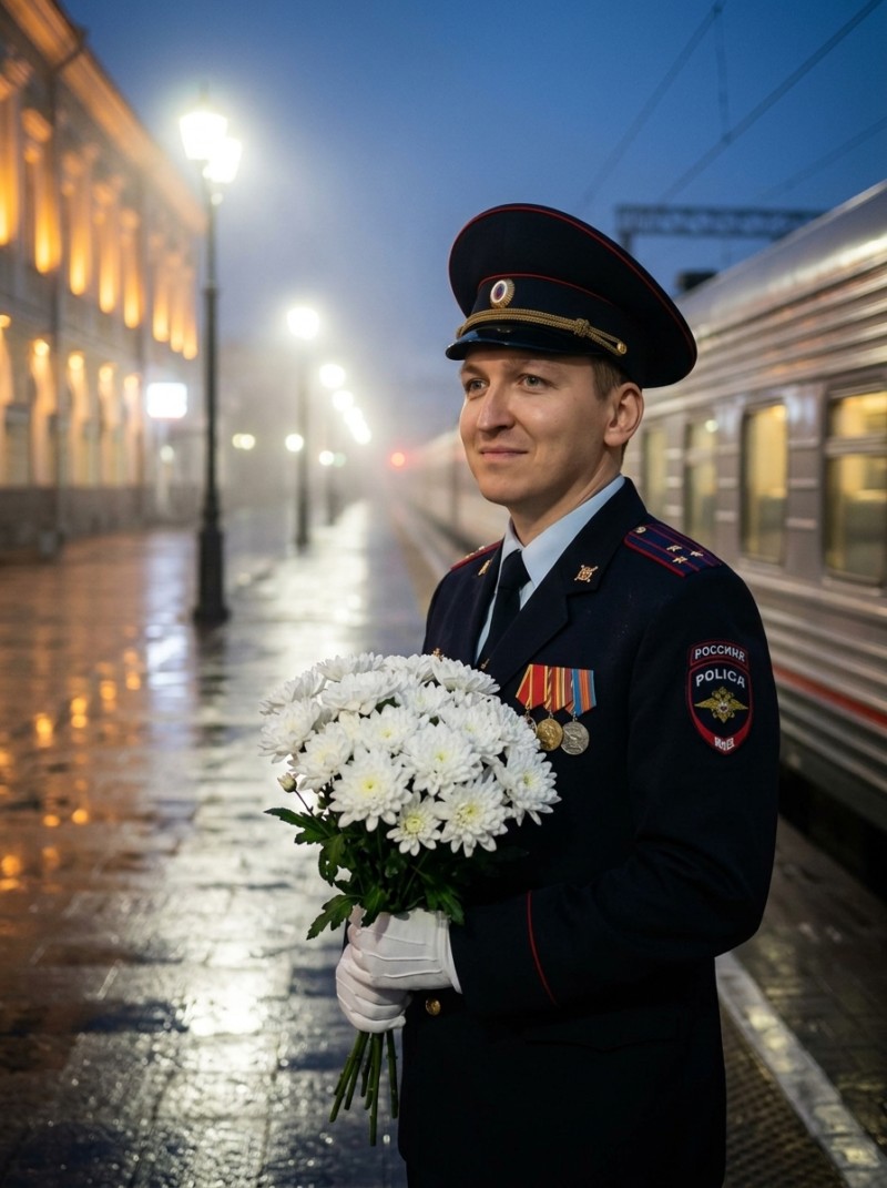 Полицейский с букетом на перроне