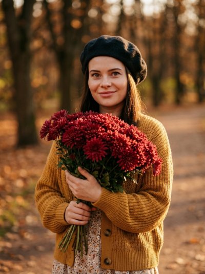 Осенний портрет с хризантемами в парке