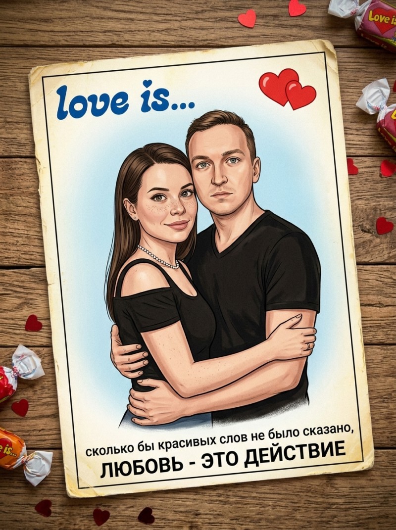 Пара в стиле Love Is: винтажная наклейка на дереве