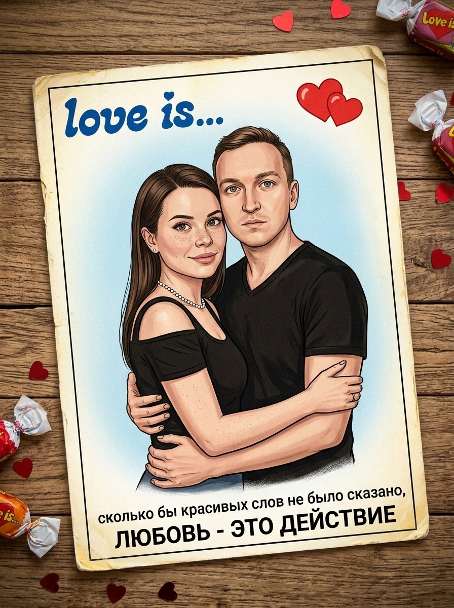 Пара в стиле Love Is: винтажная наклейка на дереве