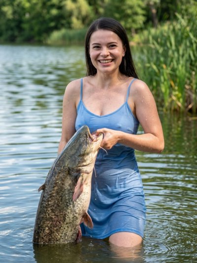 Женщина с огромным сомом в озере