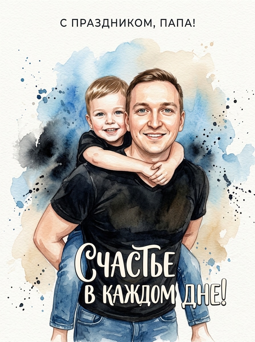 Акварельный портрет отца и ребёнка на спине