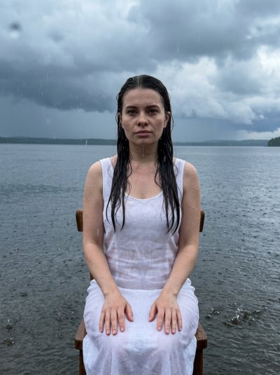 Летний дождь: женщина у озера на стуле