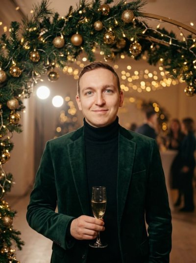 Мужчина с бокалом у новогодней фотозоны