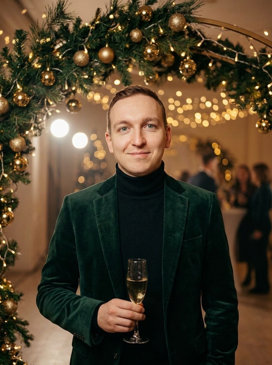 Мужчина с бокалом у новогодней фотозоны