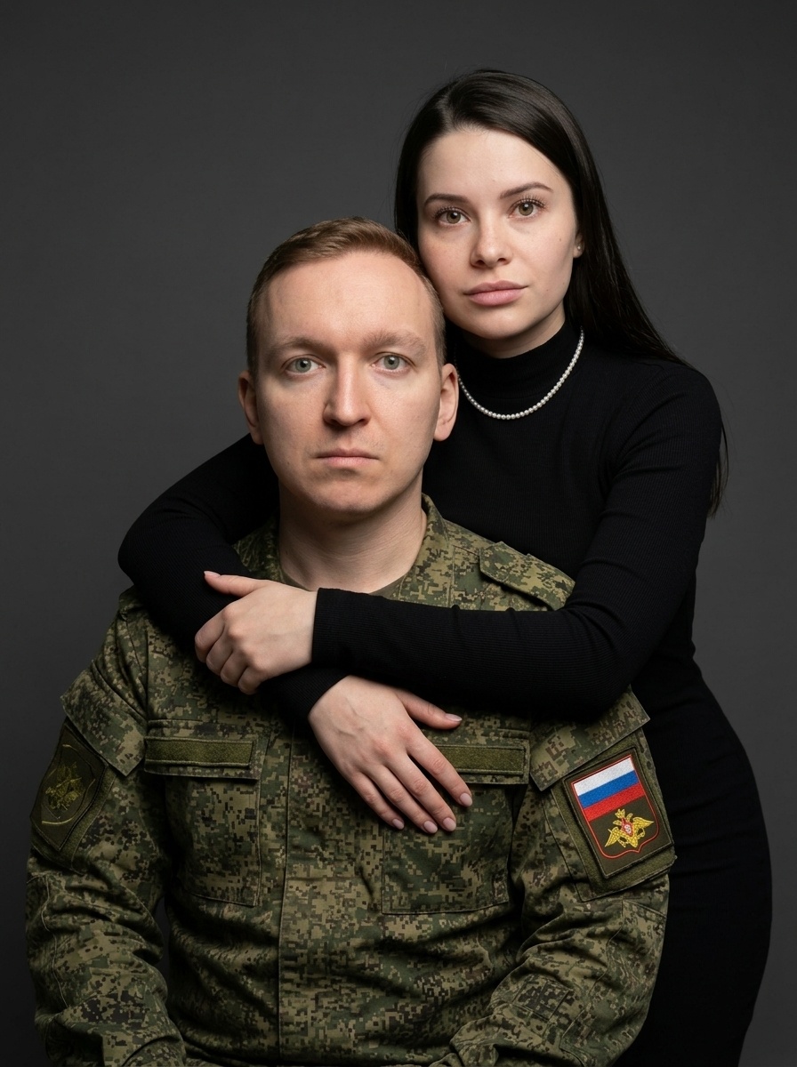 Студийный портрет пары в военной форме и чёрном платье