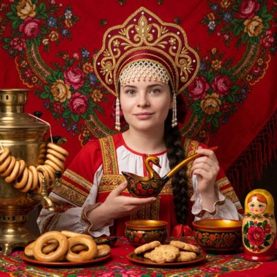 Русская красавица в кокошнике за чаепитием