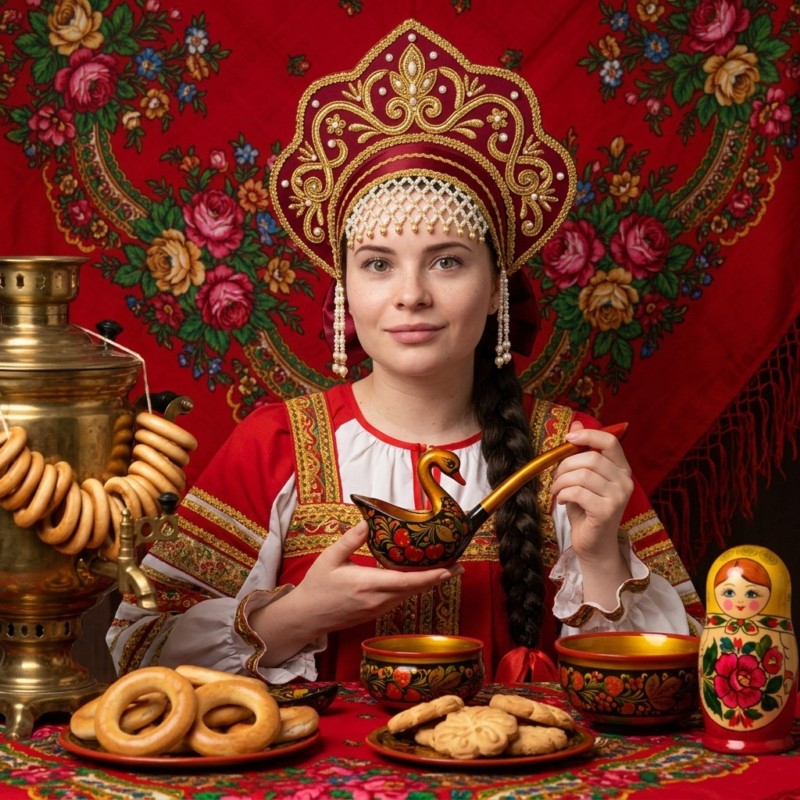 Русская красавица в кокошнике за чаепитием