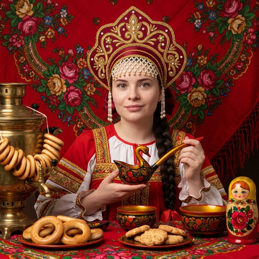 Русская красавица в кокошнике за чаепитием