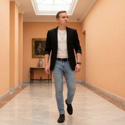 Мужчина в чёрном пиджаке в персиковом коридоре