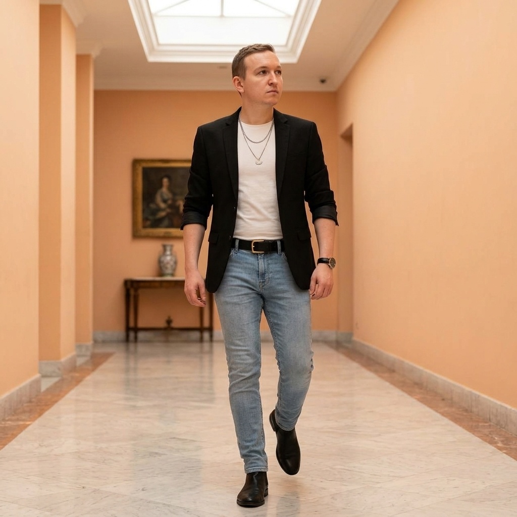 Мужчина в чёрном пиджаке в персиковом коридоре