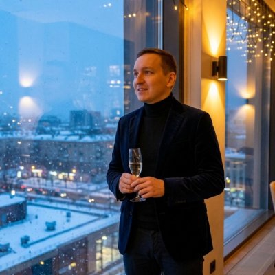 Мужчина с бокалом у окна в снежном городе
