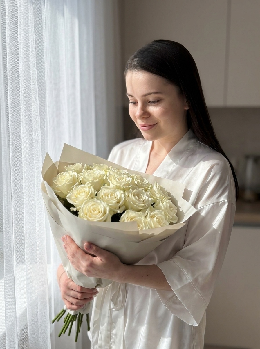 Девушка с белыми розами у окна на кухне