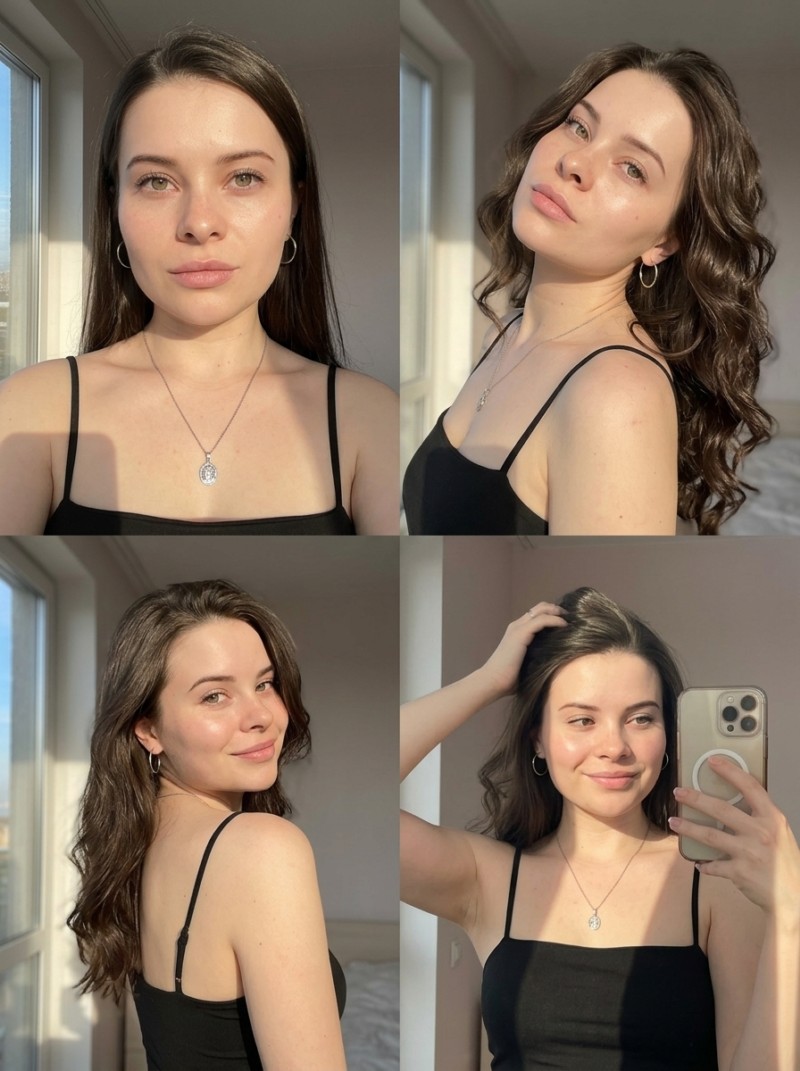 Коллаж 2×2: девушка в чёрном топе при солнечном свете