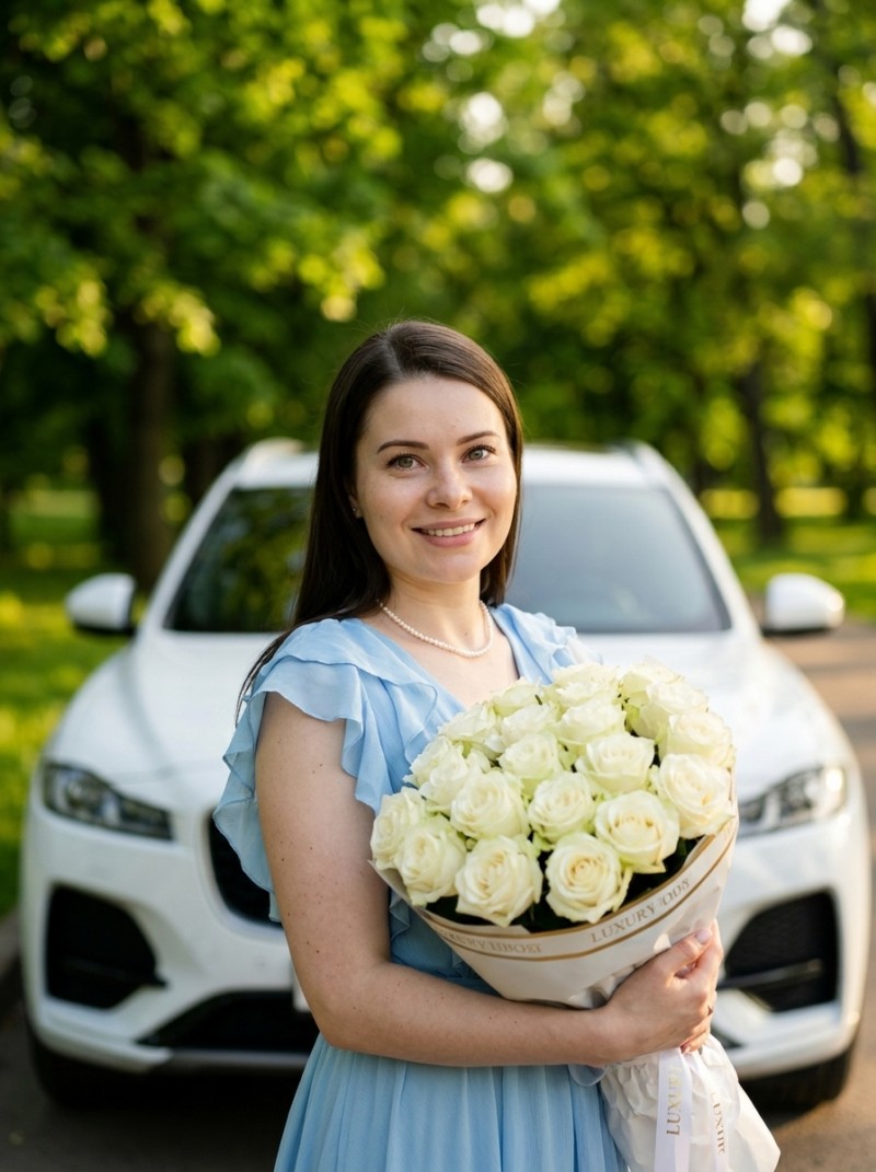 Элегантный портрет с белыми розами у автомобиля