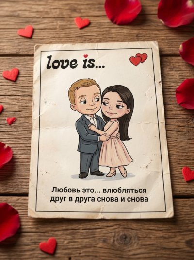 Винтажный вкладыш Love is… с парой на столе
