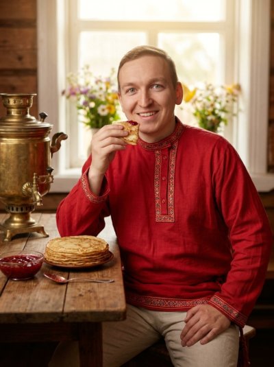 Ребёнок в русской народной рубахе за блинами