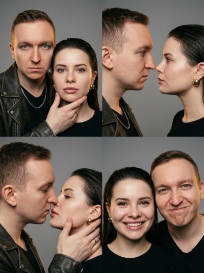 Кинематографичный коллаж 2×2: пара в стиле фотобудки
