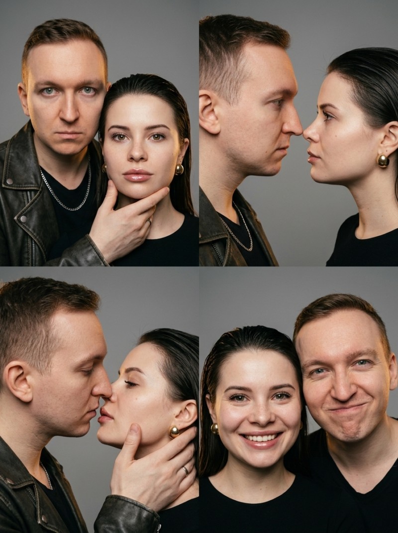 Кинематографичный коллаж 2×2: пара в стиле фотобудки