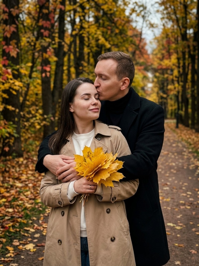 Романтическая фотосессия пары в осеннем парке