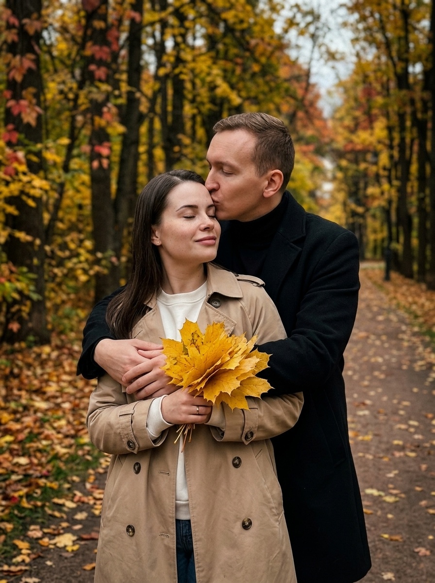 Романтическая фотосессия пары в осеннем парке
