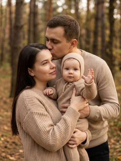 Семейный портрет в осеннем лесу с ребёнком