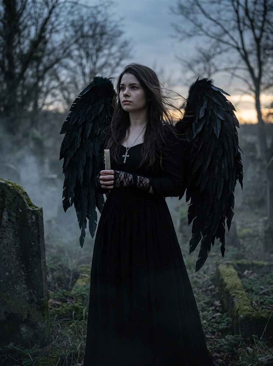 Падший ангел с чёрными крыльями на старом кладбище