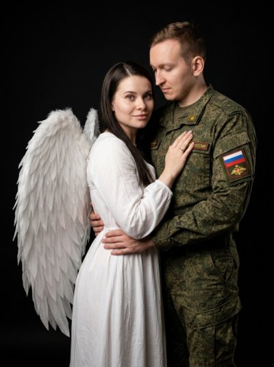 Ангел и солдат: парный портрет на тёмном фоне