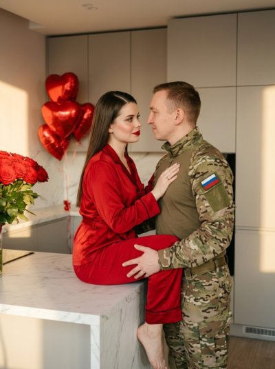 Романтика 23 февраля: форма и красная пижама на кухне
