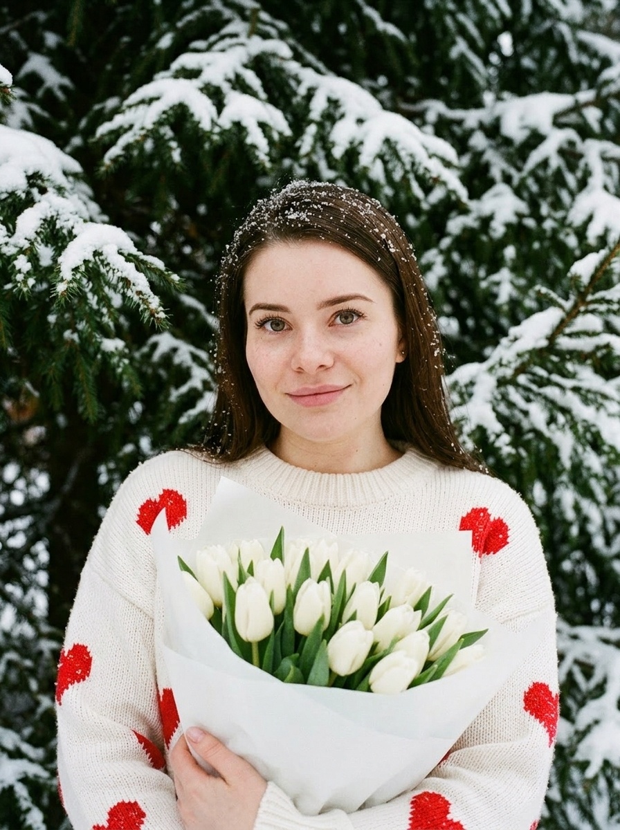 Зимняя плёночная фотосессия с белыми тюльпанами в лесу