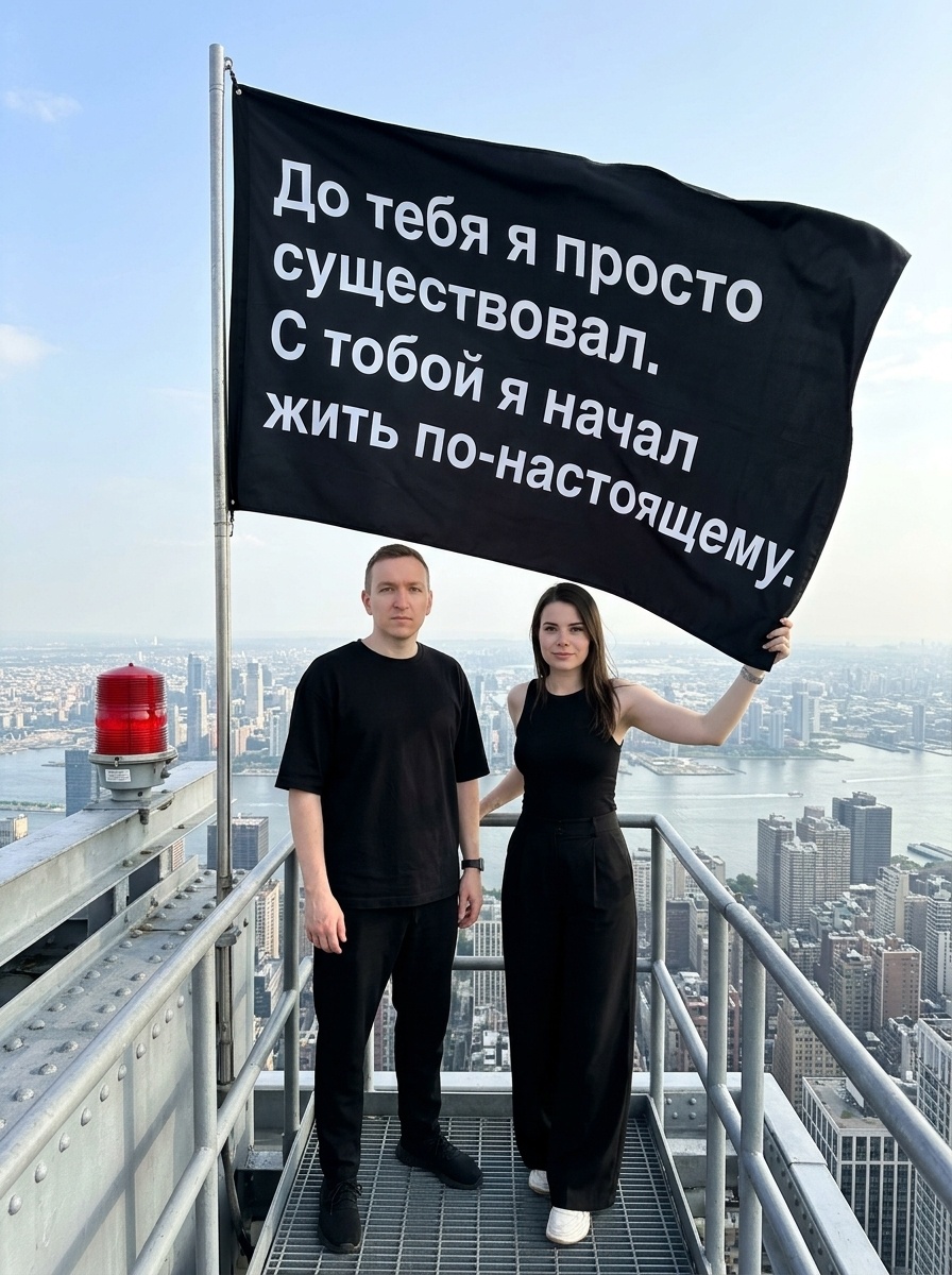 Пара на шпиле Эмпайр-стейт-билдинг с флагом