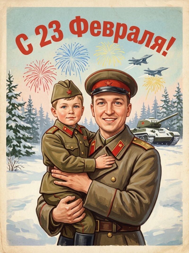 Отец и сын в зимнем ретро-пейзаже к 23 Февраля