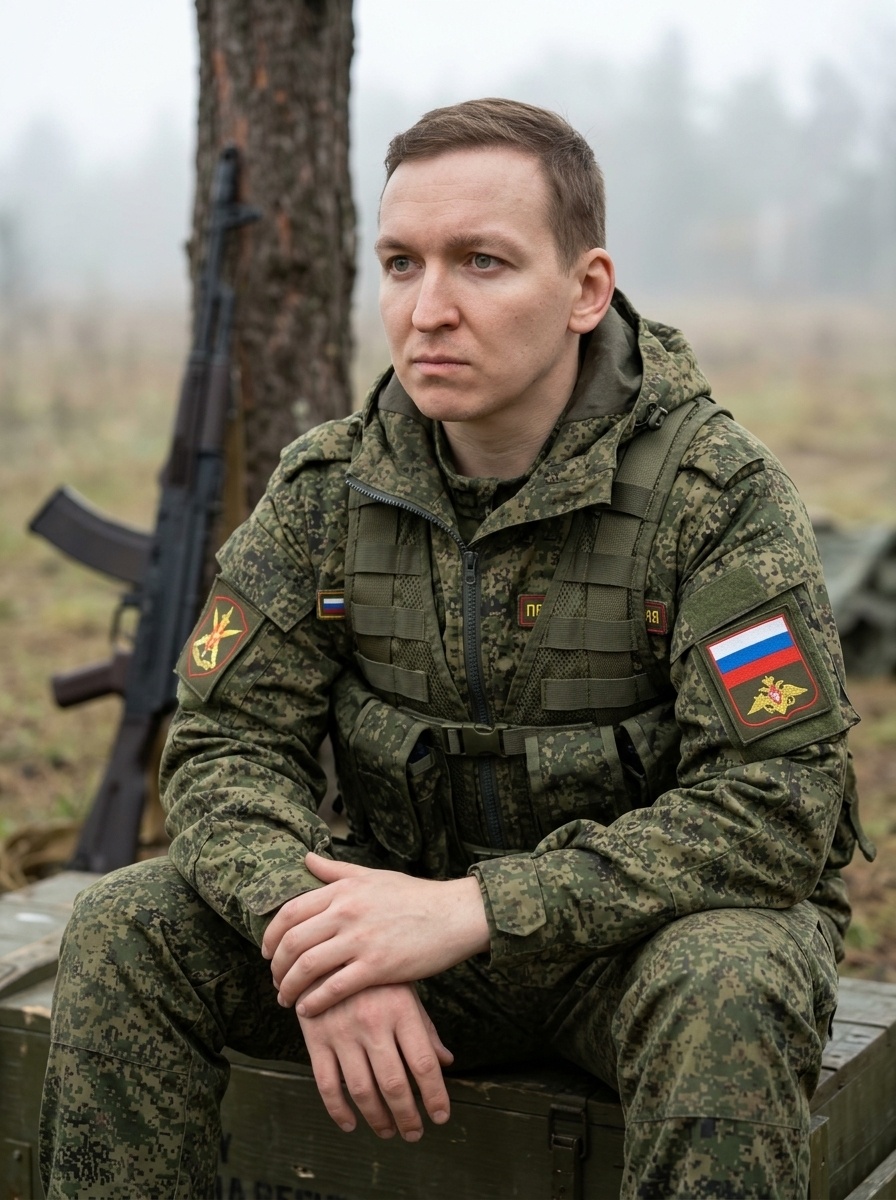 Военный в камуфляже на ящике в туманном лесу