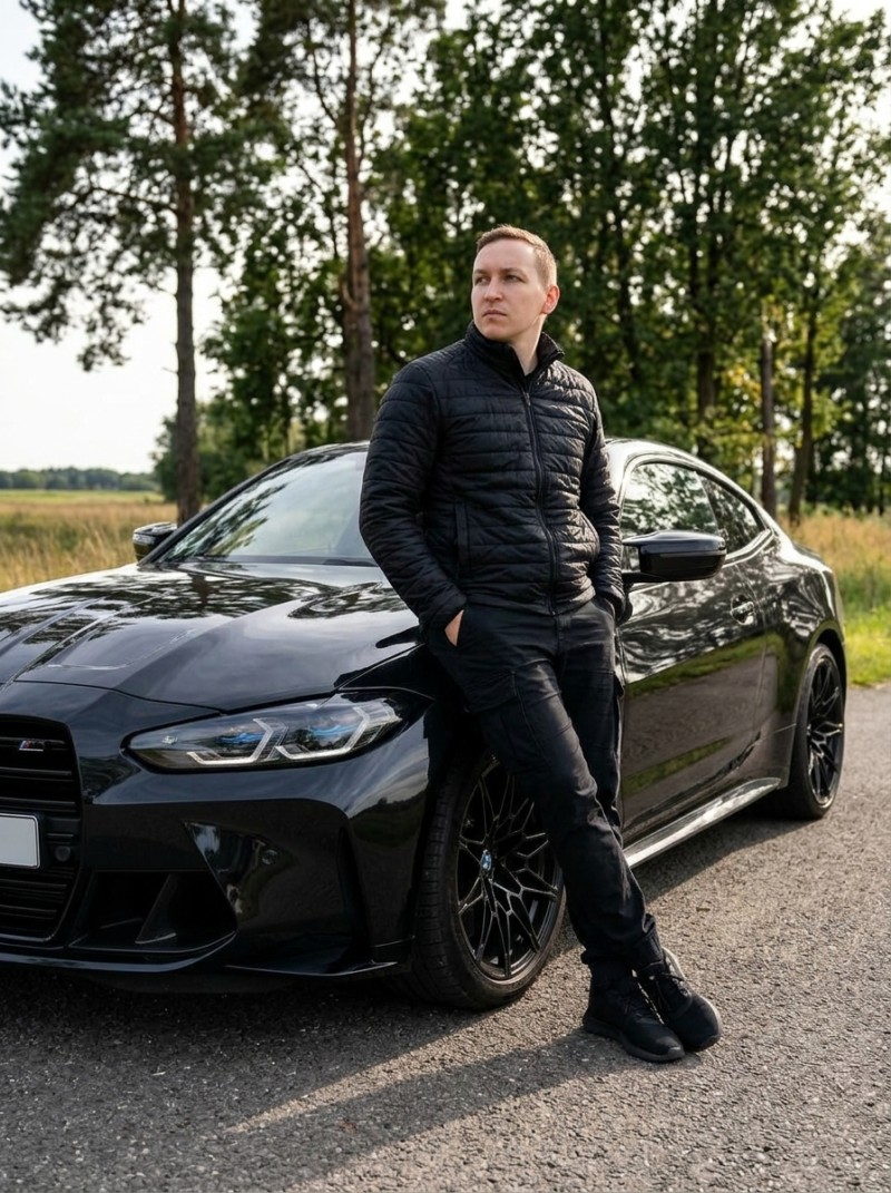 Мужчина у чёрного BMW M4 на загородной дороге