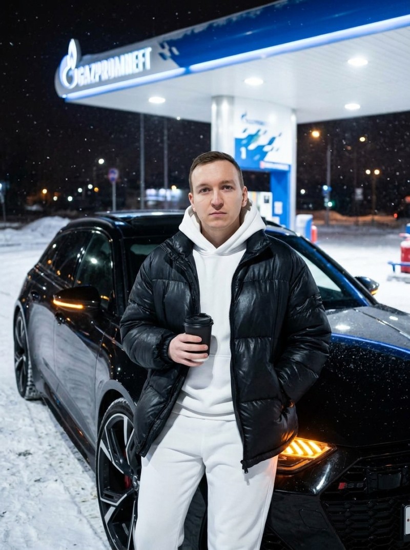 Ночной портрет у Audi RS 6 на зимней заправке