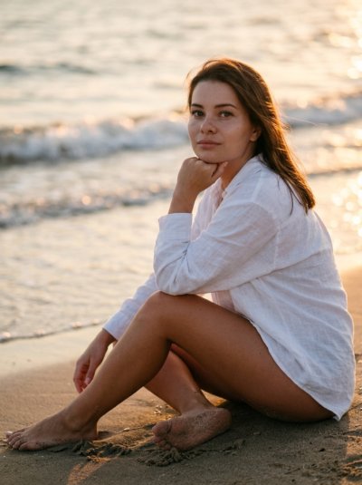 Кинематографичный портрет на песке у моря