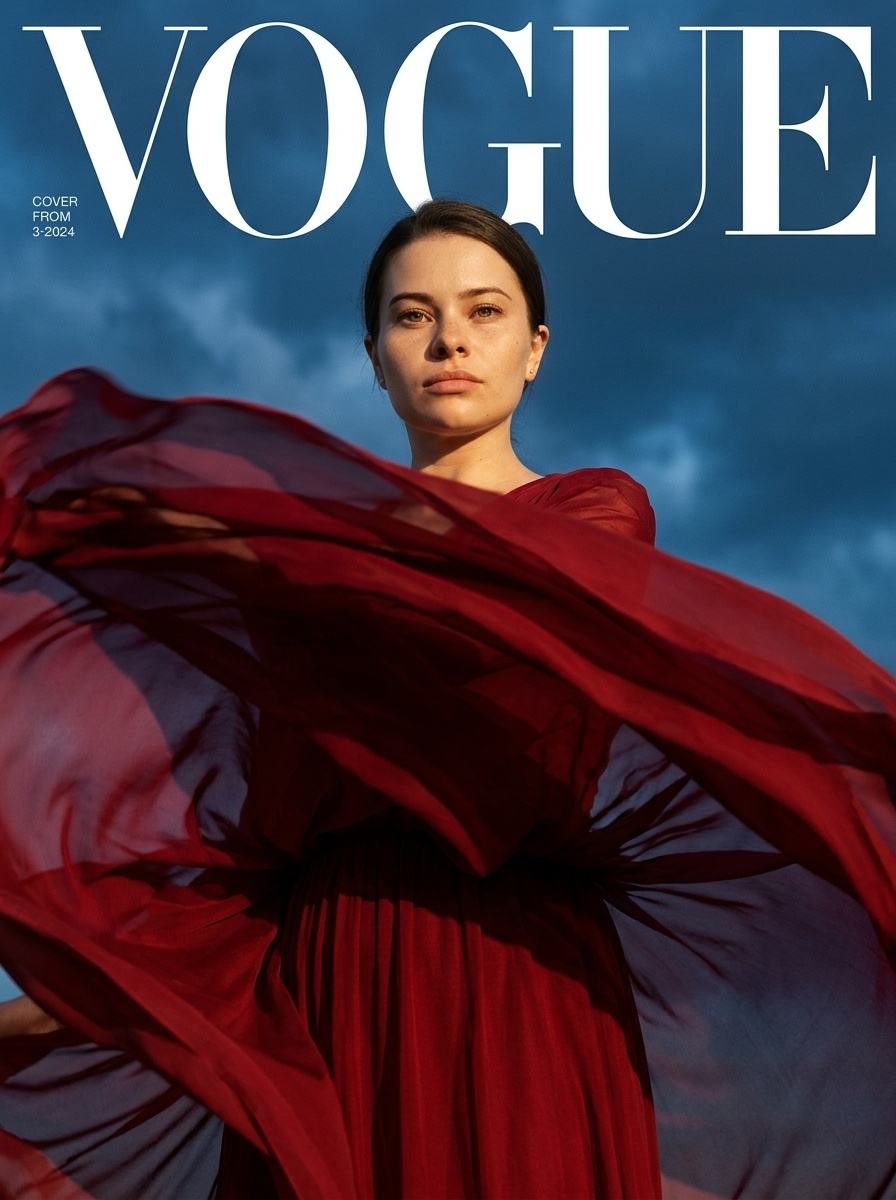 Красное шифоновое платье в ветре: обложка Vogue