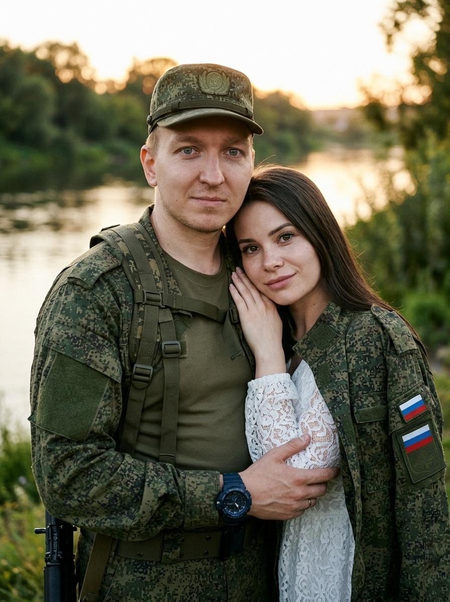 Пара на закате: военный и девушка в кружеве