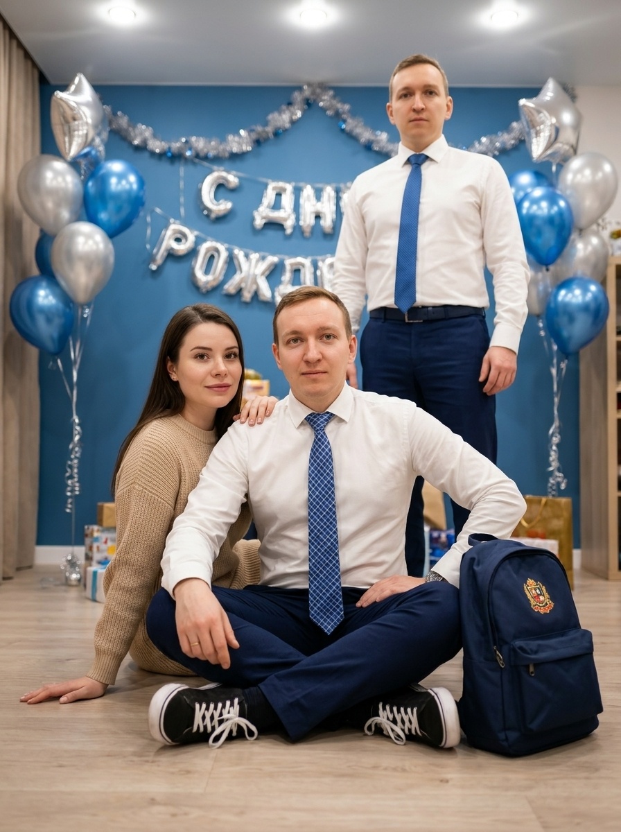 Праздничный групповой портрет с близкими: пара и семья