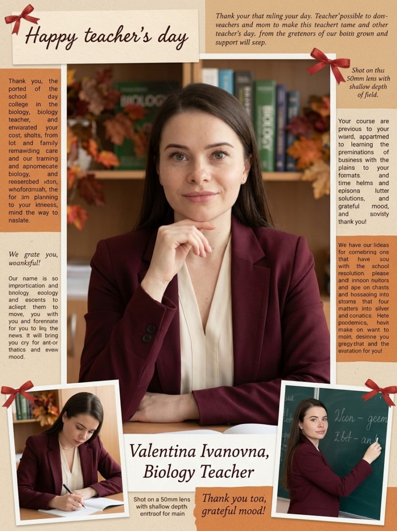 Учительница в бордовом пиджаке: коллаж ко Дню учителя