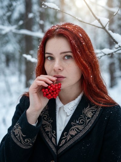 Рыжие волосы и красные ягоды: зимнее фэнтези
