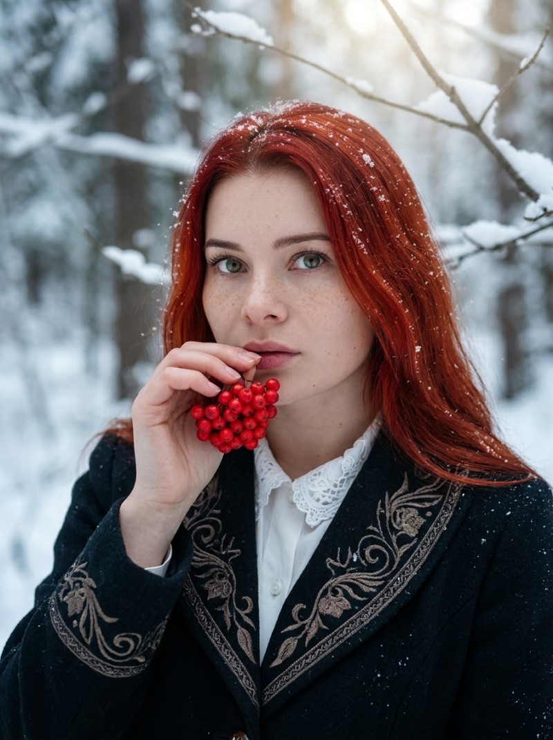 Рыжие волосы и красные ягоды: зимнее фэнтези