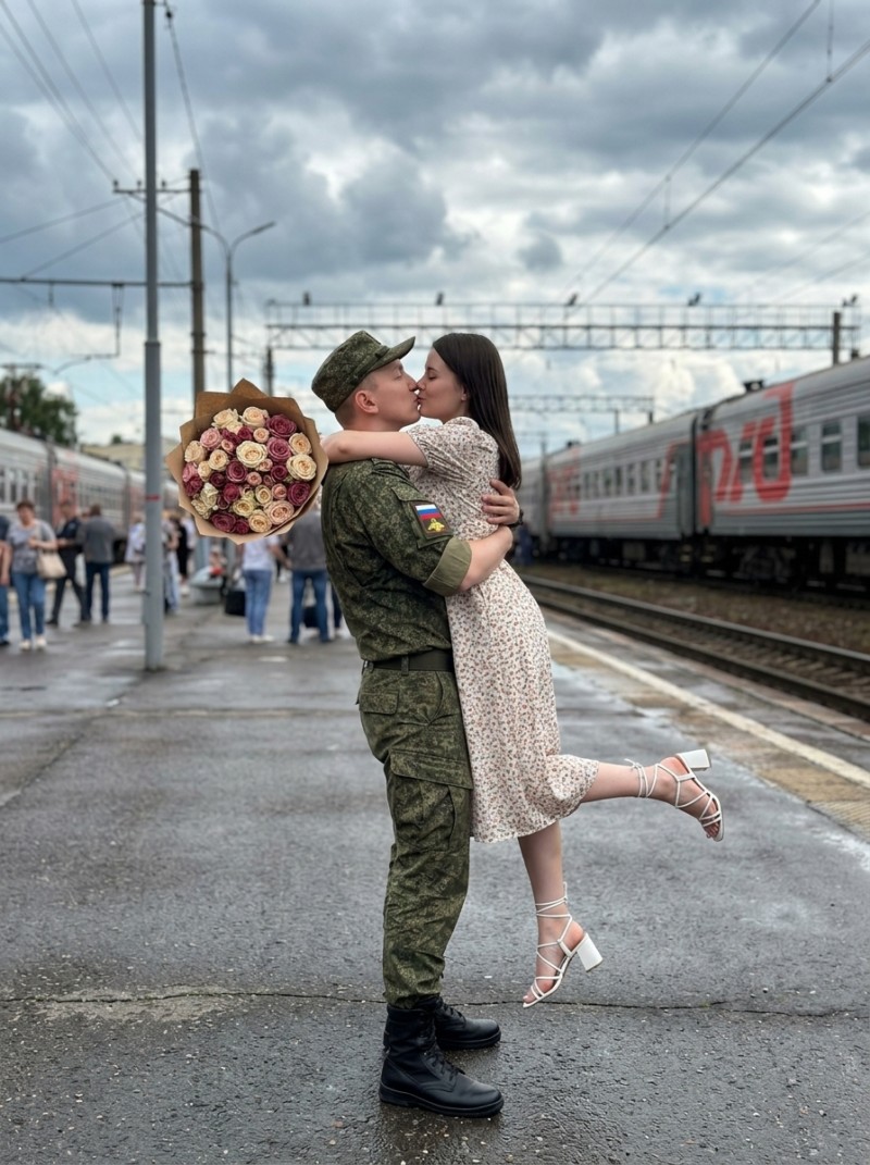 Кинематографичная встреча на вокзале: военный и девушка