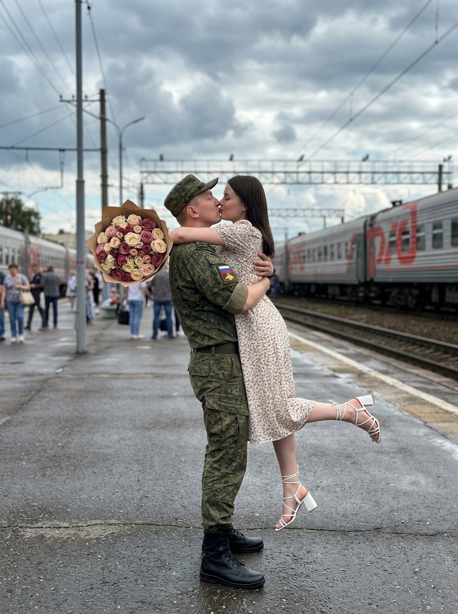Кинематографичная встреча на вокзале: военный и девушка