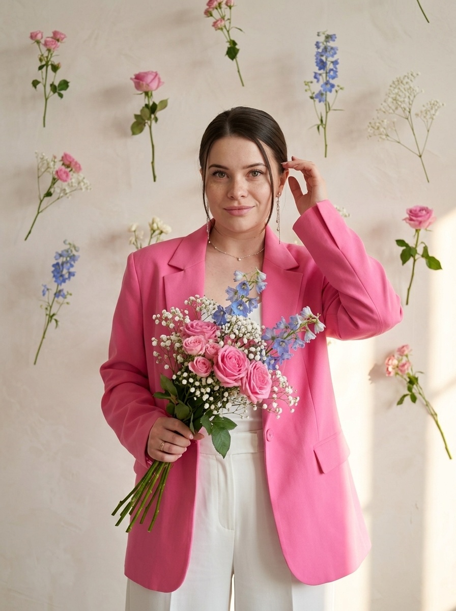 Fashion-съёмка девушки с букетом роз на светлом фоне