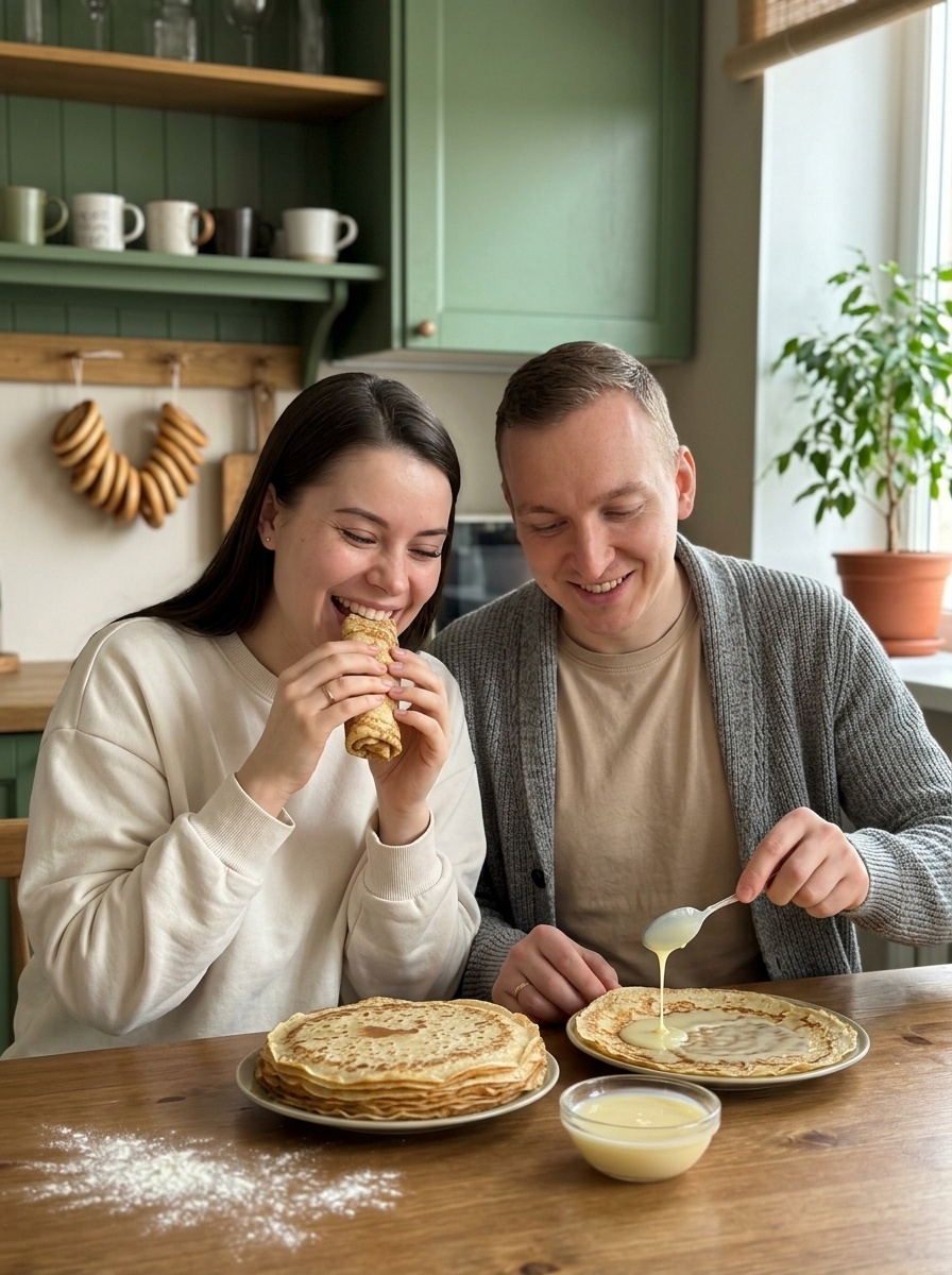 Тёплая кухня с блинами и живыми эмоциями пары