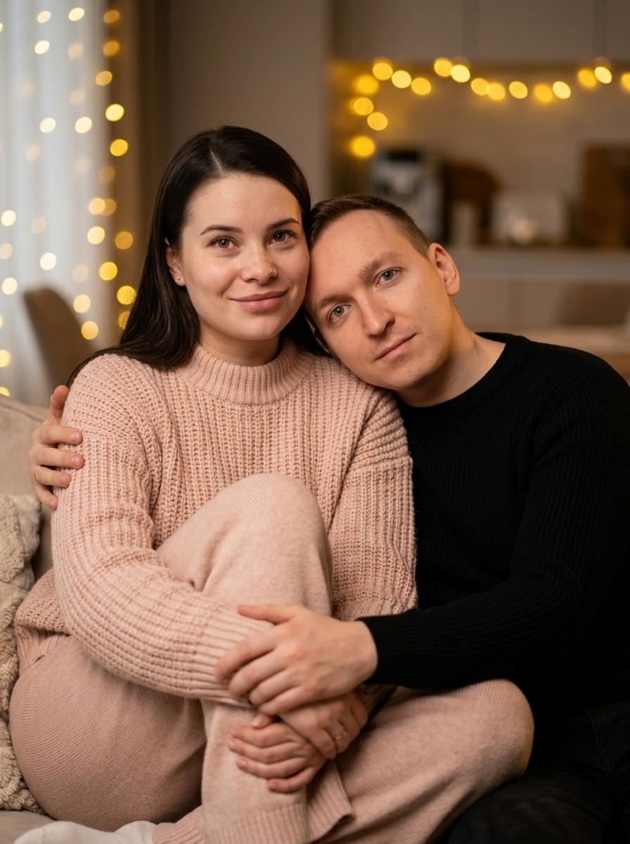 Уютный портрет пары в гостиной с мягким светом